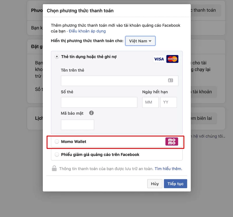 thanh toán quảng cáo facebook bằng momo